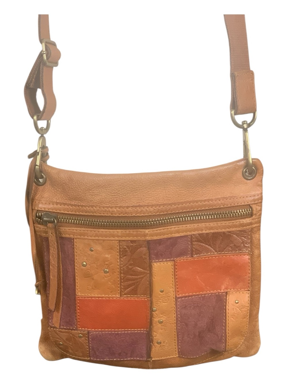 Fossil Boho 100% Leather Patchwork Tan Crossbody Bag Everyday Hippie